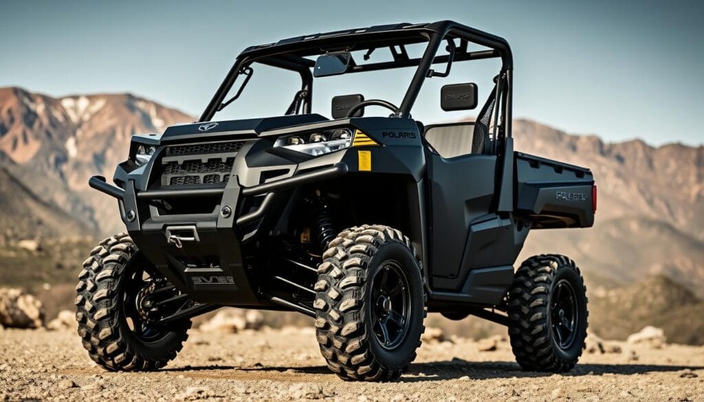 A high-performance Polaris Ranger 570 utility vehicle, showcased in a sleek, matte black finish. The front view highlights the aggressive, angular grille and headlights, conveying a sense of power and capability. The side profile reveals custom wheels and tires, complemented by a lifted suspension for enhanced off-road prowess. In the background, a rugged, mountainous terrain sets the scene, hinting at the Ranger's adventurous potential. Soft, directional lighting casts dramatic shadows, emphasizing the vehicle's muscular lines and robust construction. The overall composition exudes a sense of adventure, performance, and the promise of conquering the great outdoors.