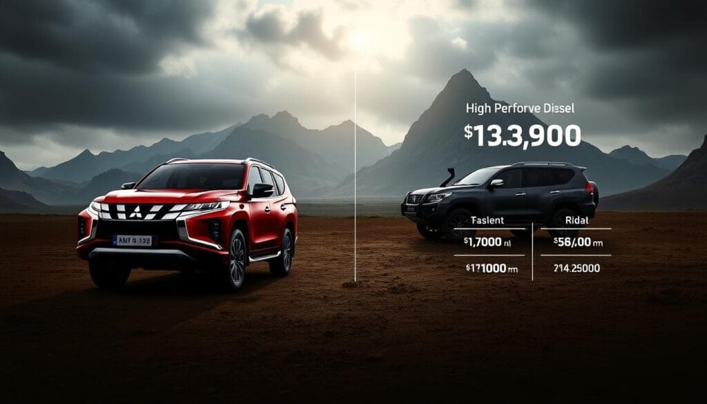 A high-performance diesel-powered Mitsubishi Pajero sits prominently in the foreground, its muscular frame and bold design cues commanding attention. In the middle ground, a side-by-side comparison showcases the Pajero's acceleration, towing capacity, and off-road capabilities against its closest competitors. The background features a dramatic landscape, with rugged terrain, towering mountains, and a moody, atmospheric lighting that enhances the sense of power and capability. The overall scene conveys the Pajero's exceptional diesel performance, its ability to outshine rivals, and its suitability for both on-road and off-road adventures.