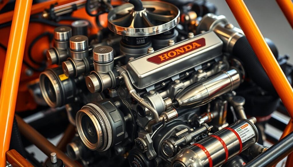 A high-performance, finely-tuned Honda Talon engine, its mechanical components gleaming under the warm, focused lighting. The engine block and cylinder heads are meticulously detailed, showcasing the intricate aftermarket upgrades - reinforced pistons, high-flow fuel injectors, and a custom-fabricated turbocharger system. The engine bay is neatly organized, with precision-engineered intake and exhaust components enhancing airflow and power delivery. The overall composition emphasizes the engineering prowess and attention to detail required to extract maximum off-road performance from this powerful UTV platform.