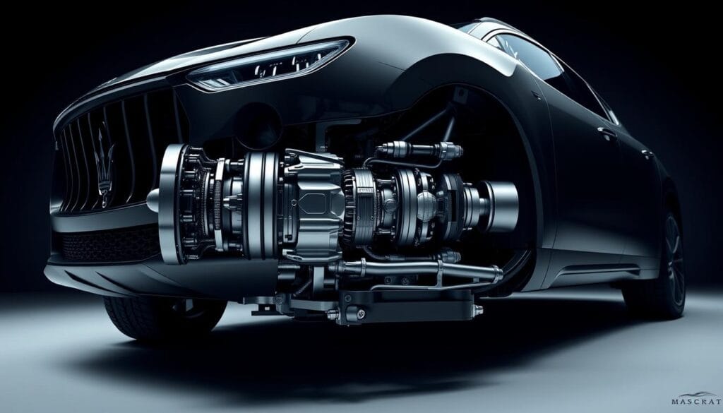 A high-performance luxury Maserati Levante SUV, showcasing its advanced transmission and drivetrain system. The vehicle is captured in a well-lit studio setting, shot from a low angle to emphasize its powerful, muscular stance. The transmission casing is visible, its intricate metal components gleaming under the studio lights. The all-wheel-drive system is prominently displayed, with the driveline and differential clearly visible. The Levante's sleek, aerodynamic body lines are accentuated, conveying a sense of refined athleticism. The overall mood is one of technological sophistication and engineering excellence, befitting the Maserati brand and the Levante's position as a premier high-performance luxury SUV.