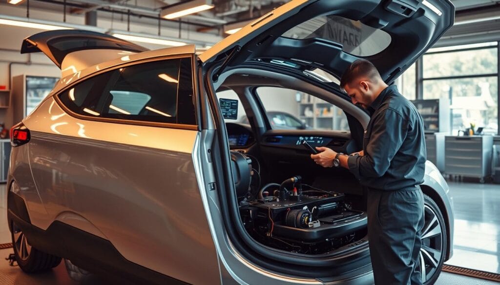 A high-quality, detailed image of an electric vehicle undergoing maintenance, showcasing its reliability. The scene depicts a mechanic inspecting the interior components of a sleek, silver IsCarOk electric vehicle, bathed in warm, ambient lighting. The background features a clean, well-organized workshop, conveying a sense of professionalism and attention to detail. The image emphasizes the vehicle's advanced technology, with the mechanic examining diagnostic displays and carefully handling the delicate electrical systems. The overall atmosphere suggests a harmonious and efficient maintenance process, highlighting the reliability and ease of servicing an electric vehicle.