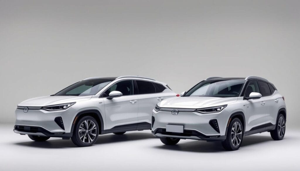 A high-quality, detailed side-by-side comparison of the BYD Seagull electric vehicle against its key market competitors, showcased in a clean, well-lit studio setting. The Seagull is prominently featured in the foreground, with its sleek, aerodynamic silhouette and distinctive design elements clearly visible. In the middle ground, the competing models are displayed alongside the Seagull, allowing for a direct visual assessment of their relative size, styling, and price positioning. The background is a neutral, minimalist environment, placing the focus squarely on the vehicles and their distinguishing features. Soft, directional lighting emphasizes the lines and curves of the cars, creating a sense of premium quality and attention to detail. The overall mood is one of informative comparison, hinting at the Seagull's value proposition and market competitiveness.