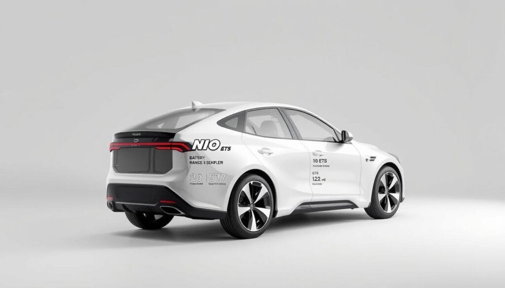 A high-quality image of the NIO ET5 battery range specifications, showcasing the electric sedan's impressive performance. The image should have a clean, technical aesthetic, with a detailed cutaway view of the battery pack and its key specs displayed in a sleek, minimalist layout. Lighting should be even and directional, casting subtle shadows to enhance the 3D form. The camera angle should be slightly elevated, providing a clear, unobstructed view of the battery information. The background should be a neutral, light-colored studio setting, allowing the battery details to be the focal point. The overall mood should be informative and precision-engineered, reflecting the advanced technology powering the NIO ET5.