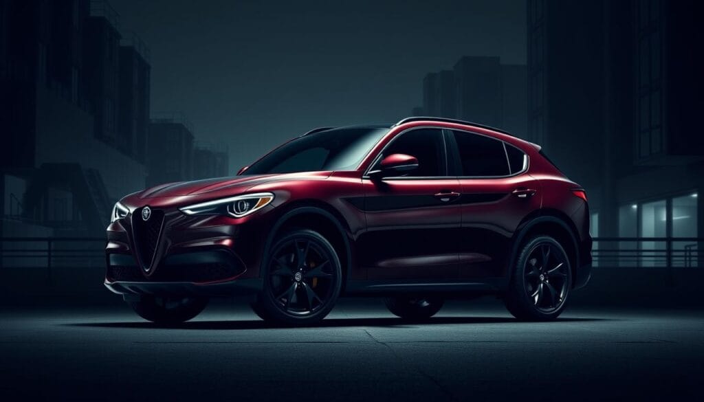 A high-resolution exterior view of an Alfa Romeo Stelvio Quadrifoglio in a dramatic, moody lighting. The car is prominently featured in the center of the frame, showcasing its sleek, sculpted body lines and distinctive Quadrifoglio badging. The front end sports Alfa's signature triangular grille, flanked by aggressive, angular headlights. The side profile highlights the Stelvio's muscular wheel arches and sharp, dynamic character lines. In the background, a dark, urban cityscape sets the scene, creating a sense of sophistication and power. The image is captured with a wide-angle lens, emphasizing the Stelvio's imposing presence and conveying the essence of its bold, Italian design.
