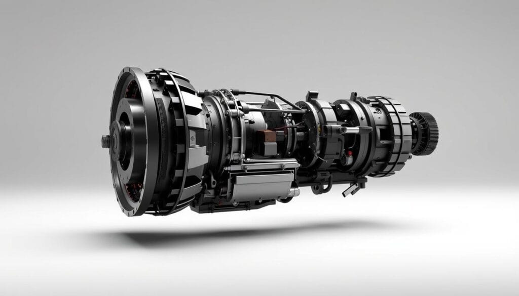 A high-resolution, highly detailed, and scientifically accurate 3D render of the Ford Ranger Raptor's transmission system, showcasing its intricate inner workings and components in a clear, well-lit, and unobstructed view. The transmission is depicted in the center of the frame, with a clean, neutral-colored background that allows the engineering details to take center stage. The lighting is soft and evenly distributed, creating an informative and technical atmosphere that highlights the precision and complexity of the design. The angle is slightly elevated to provide a comprehensive overview of the transmission's layout and mechanics, allowing the viewer to clearly understand its structure and functionality.