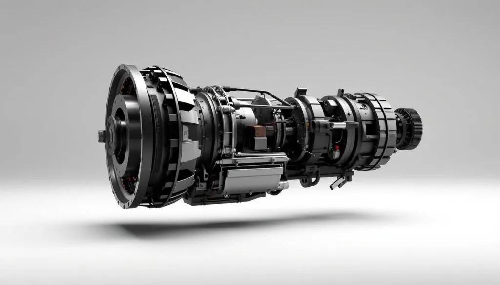 A high-resolution, highly detailed, and scientifically accurate 3D render of the Ford Ranger Raptor's transmission system, showcasing its intricate inner workings and components in a clear, well-lit, and unobstructed view. The transmission is depicted in the center of the frame, with a clean, neutral-colored background that allows the engineering details to take center stage. The lighting is soft and evenly distributed, creating an informative and technical atmosphere that highlights the precision and complexity of the design. The angle is slightly elevated to provide a comprehensive overview of the transmission's layout and mechanics, allowing the viewer to clearly understand its structure and functionality.