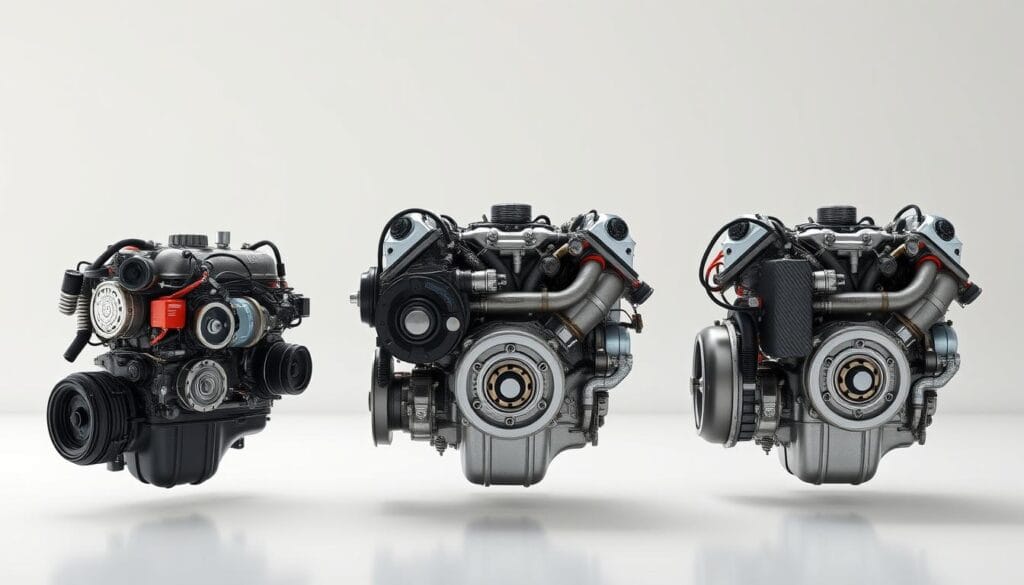 A high-resolution, photorealistic comparison of three Lada Niva 1.7L engine variants, showcased in a clean, technical studio setting with soft, directional lighting and a neutral background. The engines are displayed in a side-by-side layout, each meticulously detailed to highlight their distinct characteristics and differences. The image captures the mechanical complexity and engineering prowess of these rugged, Soviet-era powerplants, inviting the viewer to appreciate the nuances that define the unique performance profiles of each Niva engine model.