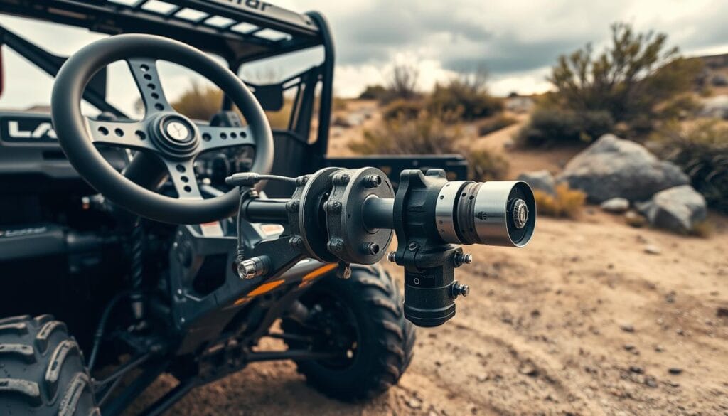 A high-resolution, photorealistic image of the Polaris Ranger's advanced steering system. The mechanical components are prominently displayed in the foreground, including the steering wheel, linkages, and hydraulic actuators. The middle ground showcases the Ranger's sturdy chassis and suspension system, while the background features a rugged, off-road terrain with rocks, bushes, and a cloudy sky. The lighting is natural, with warm tones and soft shadows, highlighting the intricate details of the steering assembly. The composition emphasizes the advanced engineering and robust design of the Polaris Ranger's steering and handling capabilities.