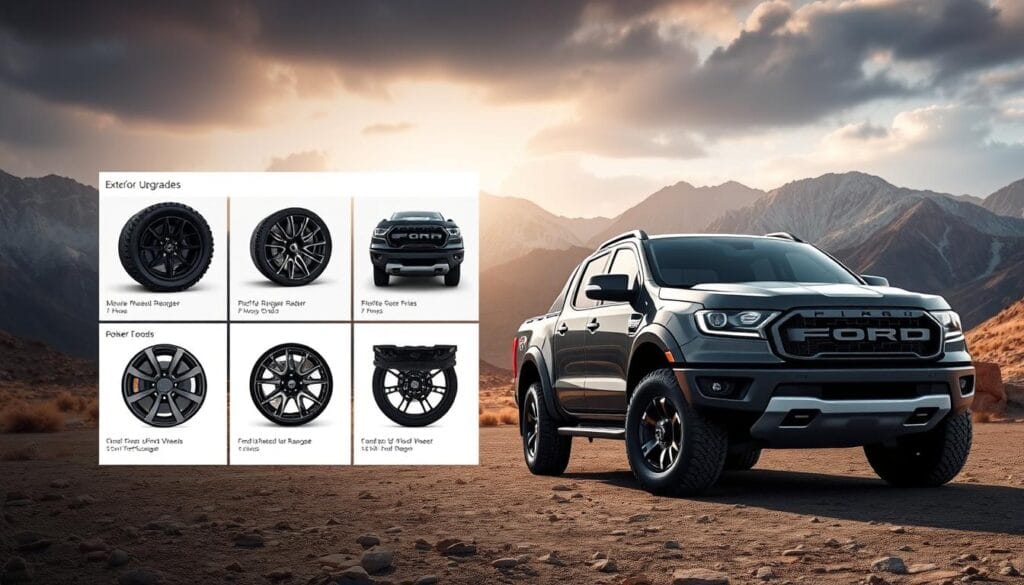 A high-resolution, photorealistic render of the customization options for a 2024 Ford Ranger Raptor. The truck is prominently displayed in the foreground, showcasing various exterior upgrades and accessory packages. The middle ground features a detailed view of the customizable alloy wheels, grille, and off-road tires. The background depicts a rugged, mountainous landscape with dramatic lighting and atmospheric effects, emphasizing the Raptor's adventurous spirit. The overall scene conveys a sense of power, capability, and personalization, reflecting the wide array of customization choices available for this performance-oriented pickup.