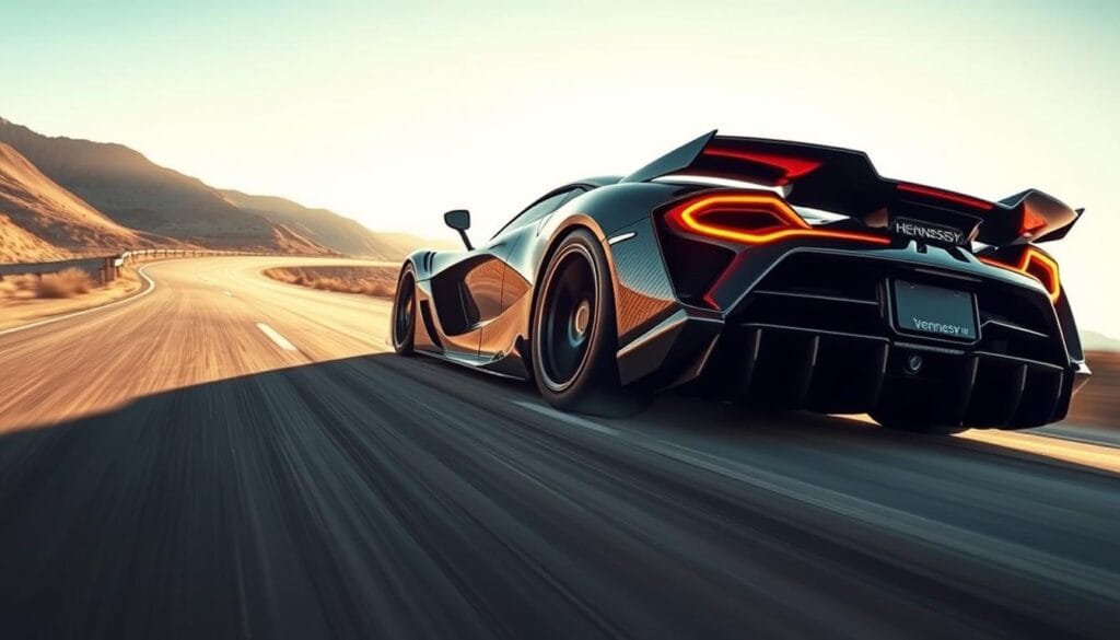 A high-speed Hennessey Venom F5 hypercar accelerating powerfully down an empty, sun-drenched mountain road. The sleek, aerodynamic carbon fiber body cuts through the air with tremendous force, its twin-turbocharged V8 engine roaring with unbridled ferocity. Crisp, dramatic lighting illuminates the car's sharp contours and conveys a sense of raw, adrenaline-fueled performance. The camera captures the Venom F5 from a low, dynamic angle, emphasizing its sheer scale, power, and mesmerizing acceleration as it hurls itself forward with unbridled velocity.