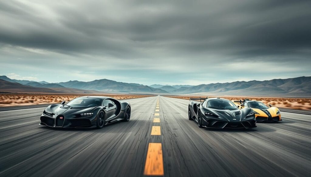A high-speed comparison of the world's fastest production hypercars, captured in a sleek and dynamic photographic style. In the foreground, the Hennessey Venom F5 and its competitors - the Bugatti Chiron, Koenigsegg Jesko, and Pagani Huayra - line up side by side on a deserted tarmac, their sculpted carbon fiber bodies and aggressive aerodynamics hinting at their incredible capabilities. The middle ground features a dramatic low-angle perspective, emphasizing the menacing presence and sheer size of these machines. In the background, a blurred landscape of rolling hills and a moody sky sets the scene, creating a sense of speed and power. Crisp, high-contrast lighting illuminates the vehicles, casting dramatic shadows and highlighting the intricate details. The overall atmosphere evokes a sense of raw, unbridled performance and technological advancement.