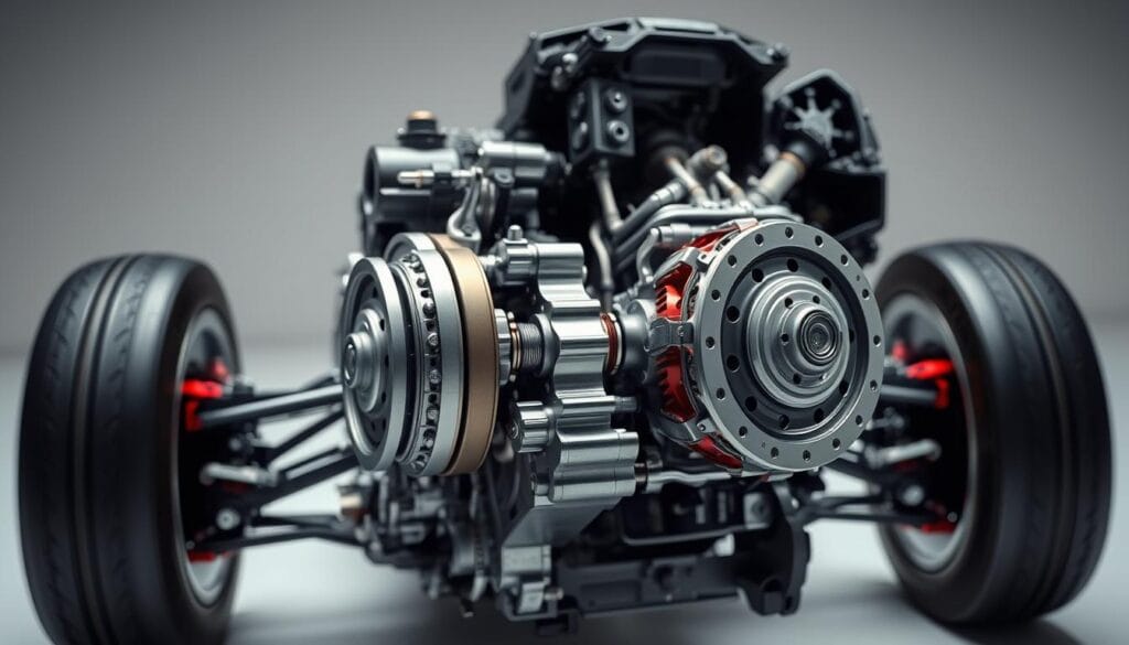A highly detailed close-up view of the transmission system of an Infiniti Q50 Red Sport, captured in a clean, well-lit studio setting. The foreground showcases the intricately engineered gears, shafts, and clutches that make up the advanced dual-clutch transmission, with a focus on their precision engineering and premium materials. The middle ground reveals the surrounding chassis components and drivetrain, highlighting the integration and seamless power delivery. The background is a neutral, muted backdrop, allowing the technical details to take center stage. The lighting is crisp and directional, accentuating the metallic surfaces and creating deep shadows that convey the engineering complexity and performance-oriented nature of this powertrain system.