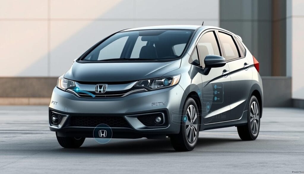A highly detailed digital illustration of the advanced safety features and driver assistance technologies in a Honda Fit EV electric compact car. The scene depicts the vehicle from a three-quarter front view, showcasing its sleek aerodynamic design and modern aesthetic. In the foreground, the car's advanced safety sensors, cameras, and radar systems are prominently displayed, with visual indicators highlighting their functionality. The middle ground features a cutaway view of the vehicle's interior, revealing the intuitive dashboard display and user-friendly interfaces for the driver assistance systems. The background depicts a minimalist urban setting, with clean lines and a subtle color palette to emphasize the car's sophisticated engineering and environmental-friendly nature.
