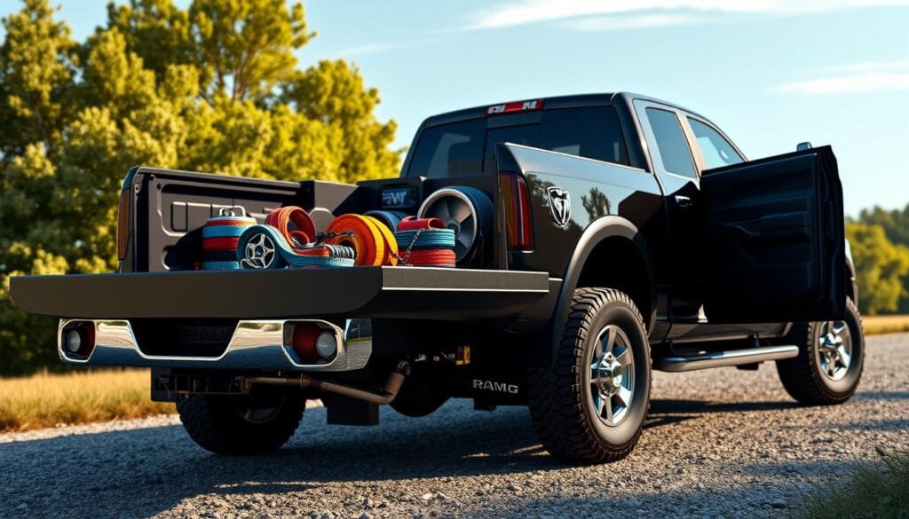 A highly detailed, photorealistic rendering of a RAM 2500 Power Wagon pickup truck towing essential towing equipment. The truck is parked on a gravel driveway, with a clear blue sky and lush green trees in the background. The truck's chrome accents gleam in the warm, diffused sunlight. In the truck's bed, you can see a heavy-duty trailer hitch, tow straps, recovery boards, and other essential towing gear neatly organized and ready for use. The truck's powerful stance and beefy off-road tires convey its capability to handle tough towing tasks. The scene exudes a sense of preparedness and rugged utility, perfectly befitting the "Essential Towing Equipment and Preparations" theme.