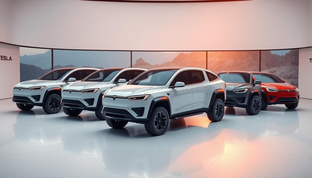 A highly detailed, wide-angle shot of a Tesla Cybertruck lineup, showcasing the various trim levels and their distinct features. The trucks are positioned in a sleek, minimalist showroom setting, bathed in warm, directional lighting that highlights their angular, futuristic designs. The foreground features a clean, uncluttered layout, allowing the vehicles to take center stage. The middle ground showcases the unique characteristics of each trim level, such as wheel styles, body colors, and badging. The background subtly hints at the Cybertruck's off-road capabilities, with a subtle landscape of rugged terrain visible through large, panoramic windows. The overall atmosphere conveys a sense of technological innovation, premium quality, and adventurous spirit.