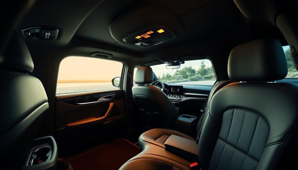 A luxurious Alfa Romeo Stelvio Quadrifoglio SUV cabin, illuminated by soft, warm lighting. The interior showcases an array of practical storage solutions, including roomy door pockets, a spacious center console, and discreet compartments in the dashboard. The seats are upholstered in high-quality leather, with ample headroom and legroom. The cabin's minimalist, yet refined design creates an atmosphere of sophisticated comfort, perfectly suited for long journeys or daily commutes. The image captures the vehicle's premium quality and attention to detail, highlighting the Stelvio's exceptional interior practicality and versatility.