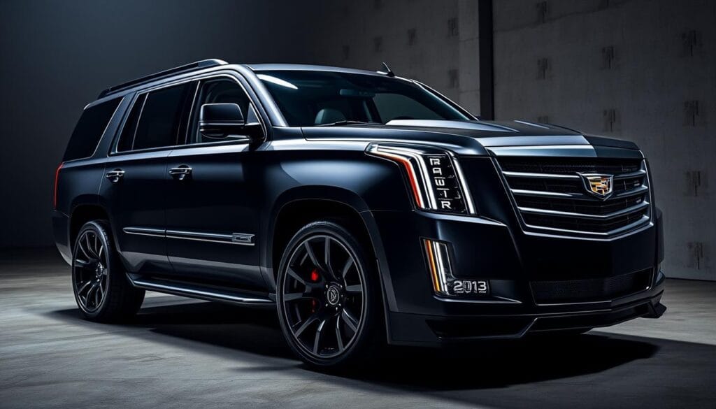 A luxurious Cadillac Escalade V with an aggressive bodykit and supercharged V8 engine. The sleek, aerodynamic front bumper and hood scoop hint at the incredible power under the hood. Alloy wheels with a high-performance tire setup fill the muscular fenders, while a lowered suspension gives the SUV a bold, confident stance. The interior is trimmed in premium leather and carbon fiber accents, with a sporty, race-inspired dashboard layout. Backlit details and ambient lighting create a sophisticated, high-tech atmosphere. Dramatic lighting from a high-angle perspective showcases the vehicle's angular, sculpted lines and bold presence.