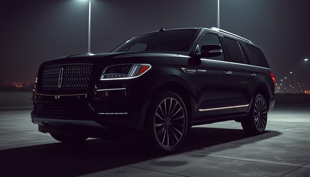 A luxurious Lincoln Navigator Black Label SUV, captured in a dramatic low-angle shot that highlights its bold, angular design. The vehicle's sleek midnight black exterior gleams under a dramatic lighting setup, casting dramatic shadows that accentuate the sculpted body lines. In the foreground, the distinctive Black Label grille and prominent Lincoln badge command attention, while the swept-back headlights and muscular fenders convey a sense of power and sophistication. The middle ground features the vehicle's profile, showcasing the distinctive greenhouse and elegant beltline. In the background, a moody, atmospheric environment sets the scene, with a hint of the urban landscape visible in the distance, creating a sense of refined, urban luxury.