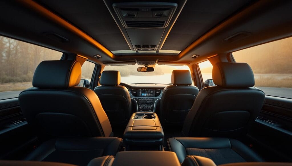 A luxurious Lincoln Navigator Black Label interior, with meticulously crafted leather upholstery in a rich, dark tone. The cabin is bathed in warm, ambient lighting, creating a cozy and inviting atmosphere. The dashboard features a sleek, high-tech infotainment system, complemented by a premium sound system. The front seats are ergonomically designed, offering superior comfort and support. In the middle, a spacious center console houses an array of intuitive controls. The rear seating area is equally impressive, with ample legroom and plush, pillowy cushions. The overall impression is one of uncompromising elegance and attention to detail, creating a truly indulgent driving experience.