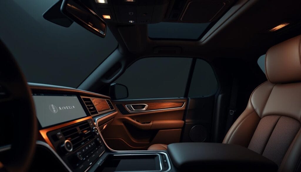A luxurious Lincoln Navigator interior featuring the Revel Ultima 3D Noise-Canceling Audio System. In the foreground, the sleek and sophisticated dashboard showcases the meticulously crafted audio controls and premium materials. The middle ground highlights the high-fidelity speaker grilles seamlessly integrated into the door panels, creating an immersive listening experience. In the background, the plush leather seats and elegant wood trim exude a sense of refinement and comfort. Soft, directional lighting illuminates the cabin, casting a warm glow and emphasizing the attention to detail. The scene conveys a premium, high-end automotive ambiance suitable for an exclusive, flagship luxury SUV.