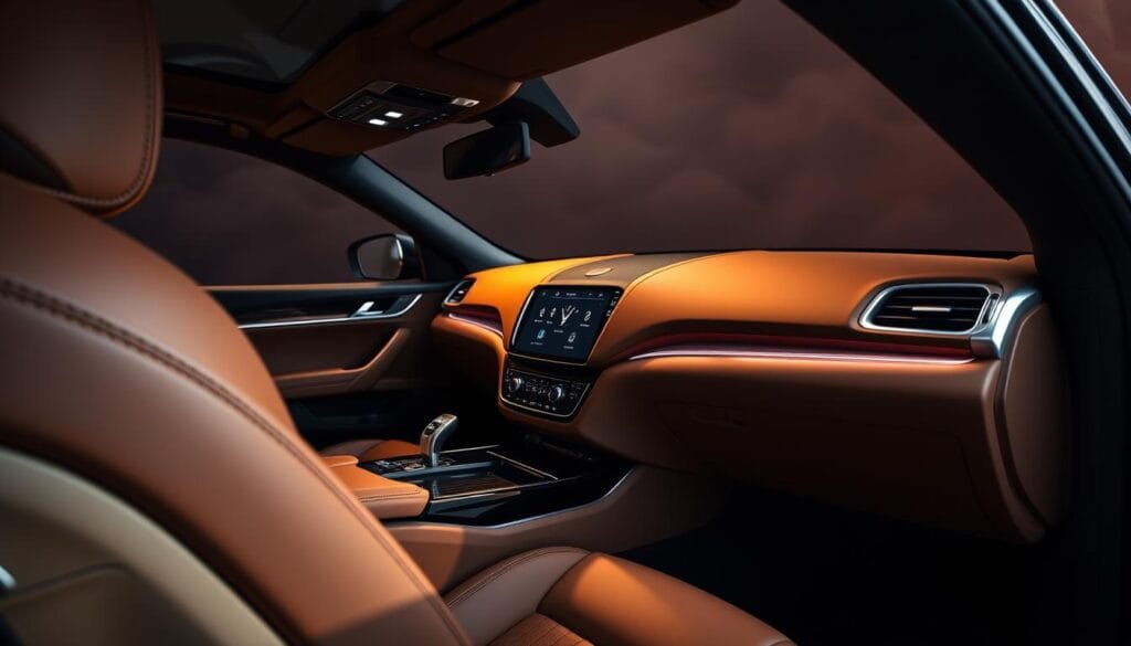 A luxurious Maserati Levante SUV cabin with a premium audio system. The dashboard features a sleek, high-resolution infotainment display, surrounded by rich leather upholstery and polished wood trim. Elegant, minimalist controls and knobs are neatly arranged, allowing the driver to easily access the advanced sound system. Ambient lighting casts a warm glow, creating a refined, immersive listening experience. Thick, plush carpeting and ergonomic seats ensure maximum comfort. The cabin is bathed in soft, directional lighting, highlighting the attention to detail and premium materials. The overall impression is one of sophisticated luxury and technological sophistication.