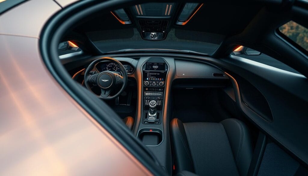 A luxurious and meticulously crafted cockpit of the Aston Martin Valkyrie supercar. The interior is dominated by premium materials like brushed aluminum, carbon fiber, and supple leather, expertly tailored to create a high-performance yet elegant ambiance. The driver's position is centered, with a sleek, contoured dashboard and a complex array of digital displays and controls. Intricate stitching and precision engineering are visible in every detail, conveying a sense of technological sophistication and handcrafted exclusivity. Warm, directional lighting illuminates the cabin, casting a soft glow on the exquisite craftsmanship. The overall impression is one of uncompromising quality and attention to detail, befitting a true masterpiece of automotive design.