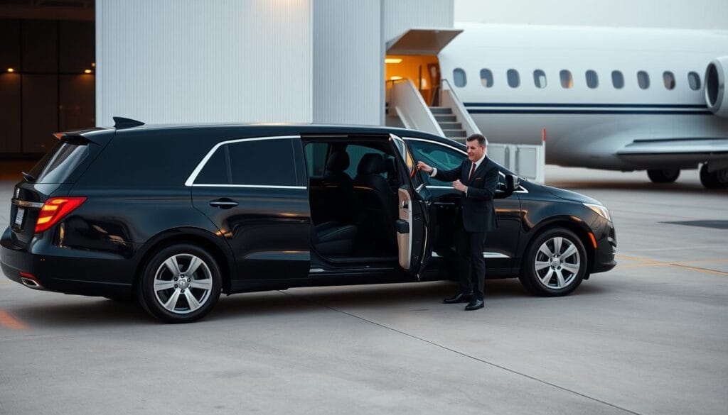 A luxurious black limousine glides silently down the tarmac, its sleek body reflecting the muted lighting of the executive airport terminal. Passengers are welcomed by a polished, uniformed chauffeur, who holds the door open with a gracious smile. Inside, the spacious cabin is adorned with fine leather seating and discreet controls, creating an atmosphere of understated elegance. Through the tinted windows, the bustling activity of the airport fades into the background, replaced by a sense of tranquility and privacy. This is the epitome of executive transportation, a seamless experience that transports VIPs from the runway to their destination in unparalleled style and comfort.
