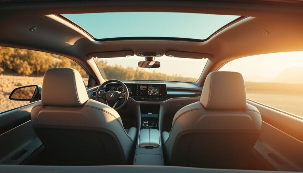 A luxurious electric convertible interior in a warm, inviting ambiance. The cabin is bathed in soft, natural lighting that filters through the open roof, highlighting the premium materials and sleek, modern design. The driver's seat is wrapped in supple, perforated leather, offering exceptional comfort and support. The dashboard features a large, high-resolution touchscreen display that seamlessly integrates with the car's advanced infotainment and climate control systems. Subtle ambient lighting accents the contoured door panels and center console, creating a refined, sophisticated atmosphere. The spacious rear seats beckon passengers to relax and enjoy the open-air experience, with ample legroom and headroom for maximum comfort. This electric convertible interior embodies the future of green driving, blending advanced technology, sustainability, and uncompromising luxury.