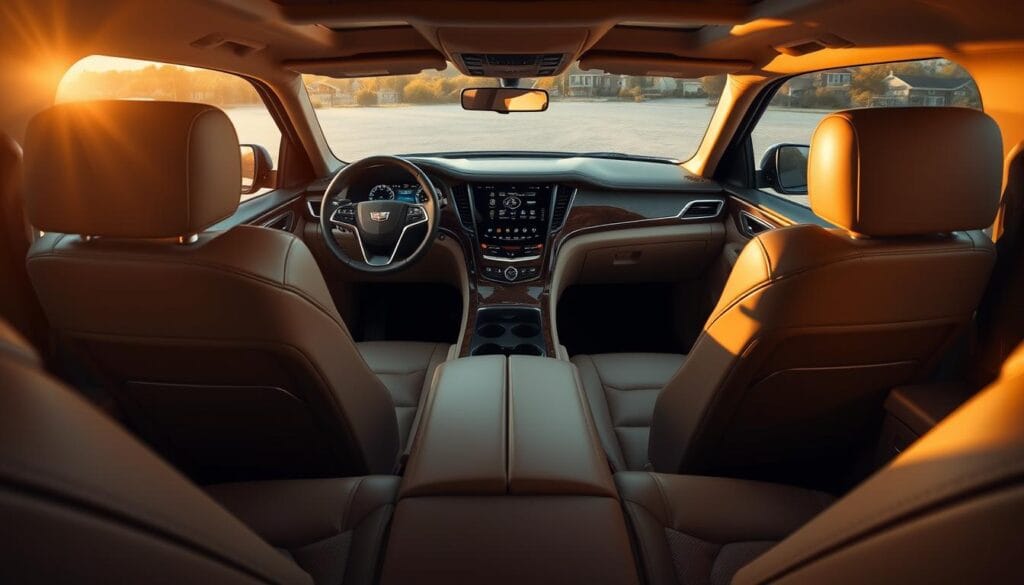A luxurious interior of a Cadillac Escalade SUV, bathed in warm, soft lighting. The sleek dashboard features a large, high-resolution touchscreen display and premium leather-wrapped steering wheel. Plush, quilted leather seats in a neutral tone provide exceptional comfort and support. Polished wood trim accents the door panels and center console, adding a touch of elegance. The second-row captain's chairs are equally well-appointed, offering ample legroom and headroom. Ambient lighting subtly illuminates the cabin, creating a serene and sophisticated atmosphere. The attention to detail is evident, from the precise stitching to the intuitive controls, delivering a truly high-performance driving experience.