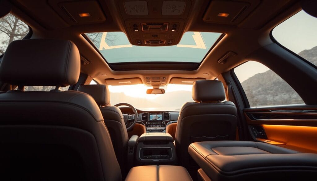 A luxurious interior of a Lincoln Navigator Reserve trim model, showcasing its exquisite craftsmanship. The spacious cabin is bathed in warm, ambient lighting, highlighting the rich, supple leather upholstery and the elegant, wood-grain accents. The dashboard features a large, high-resolution digital display, seamlessly integrated with the vehicle's advanced infotainment system. The front seats are plush and supportive, offering exceptional comfort for long drives. The middle row seats are equally comfortable, with ample legroom and headroom. The overall atmosphere is one of refined elegance, creating a tranquil and indulgent driving experience.