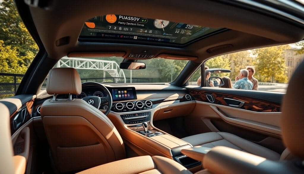 A luxurious interior with premium leather upholstery and wood accents. The dashboard features a large, responsive touchscreen display seamlessly integrated with advanced driver assistance systems. Ambient lighting casts a warm glow, complementing the sleek, minimalist design. The driver's seat offers superior ergonomic support and adjustability, providing a commanding view through the expansive windshield. Elegant door panels house cutting-edge audio and climate controls. Plush carpeting and premium materials throughout create an atmosphere of refined sophistication. Natural light floods the cabin through the fully retractable convertible roof, ushering in an open-air driving experience.