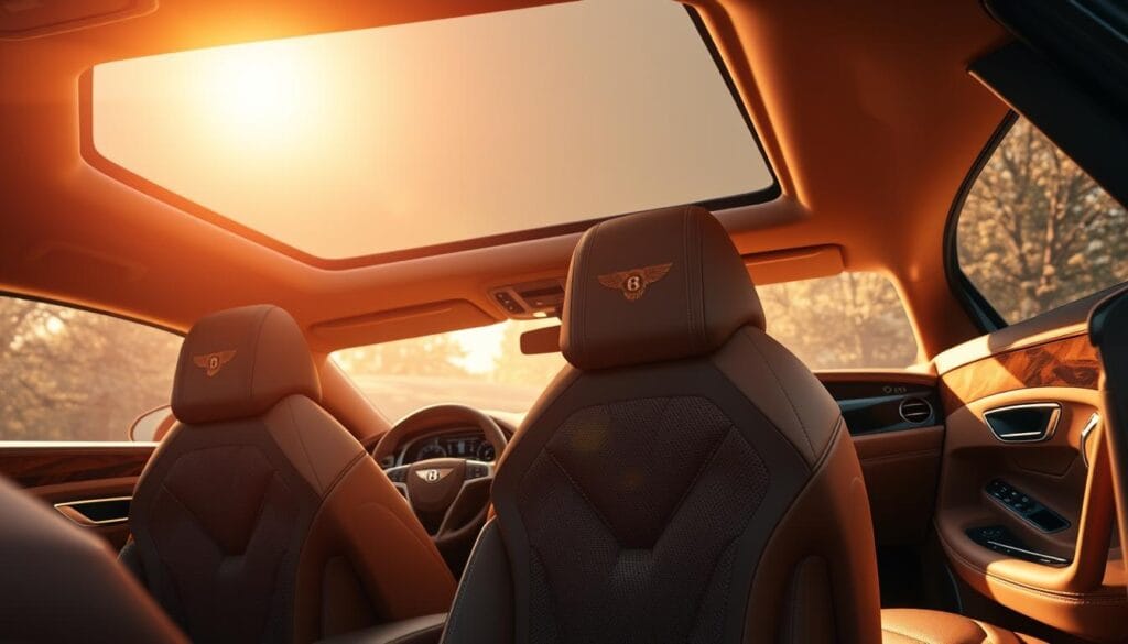 A luxuriously crafted interior of a Bentley Continental GT, bathed in warm, soft light. The driver's seat, upholstered in supple, hand-stitched leather, takes center stage, surrounded by a symphony of premium materials - burnished wood veneers, knurled metal accents, and a meticulously designed dashboard that seamlessly blends technology and tradition. The panoramic sunroof casts a gentle glow, illuminating the spacious cabin and the intricate details that define Bentley's uncompromising attention to craftsmanship. A sense of timeless elegance and modern sophistication permeates the scene, capturing the essence of the 2025 Continental GT's interior luxury and technology features.
