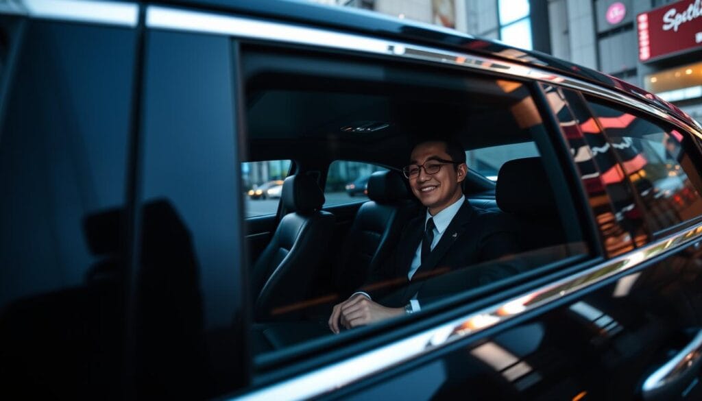 A luxury limousine with a sleek, midnight-black exterior glides through the bustling streets of Tokyo. Inside, plush leather seats and a spacious cabin offer unparalleled comfort for international guests. The driver, smartly dressed in a crisp uniform, greets passengers with a warm smile and impeccable English, ready to provide seamless navigation and language support. Soft mood lighting casts a serene ambiance, while the tinted windows offer a discreet view of the city's iconic landmarks. This high-end limousine service embodies the epitome of Japanese hospitality, catering to the needs of discerning global travelers with the utmost care and attention to detail.
