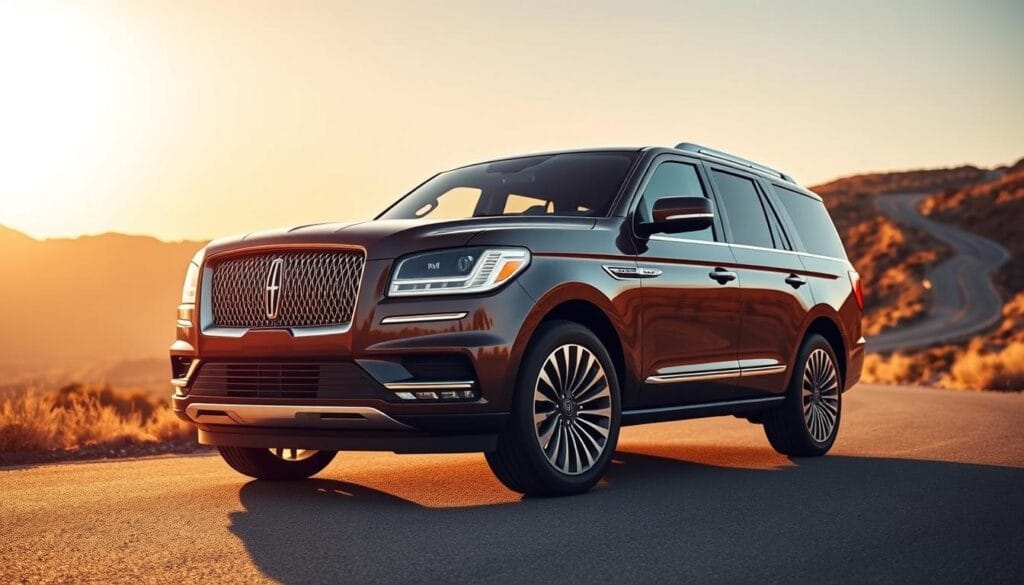 A majestic Lincoln Navigator Black Label SUV, its sleek silhouette bathed in warm, golden light. The front grille glistens, the chrome accents catching the rays. The powerful engine roars to life, ready to propel this luxury vehicle with exceptional performance. The interior is lavishly appointed, with supple leather and premium wood trims. The vehicle sits on large, alloy wheels that convey its commanding presence. In the background, a winding road snakes through a picturesque landscape, hinting at the Navigator's agility and capability. This image captures the essence of the Lincoln Navigator's refined power and uncompromising luxury.