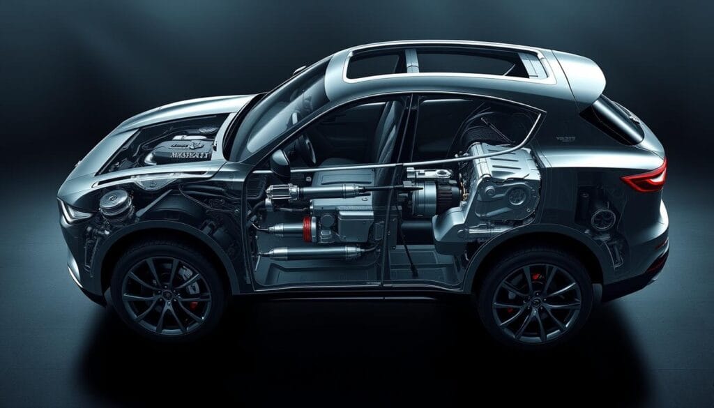A meticulously crafted Maserati Levante drivetrain, showcased in a high-definition technical illustration. Detailed cutaway view revealing the intricate inner workings - the robust all-wheel-drive system, the advanced 8-speed ZF automatic transmission, and the powerful engine at the heart of it all. Precise, technical lighting illuminates the precision engineering, while a moody, atmospheric background suggests the performance and capability of this sophisticated SUV. Captured from an informative, educational perspective to illustrate the cutting-edge drivetrain technology powering the Maserati Levante.