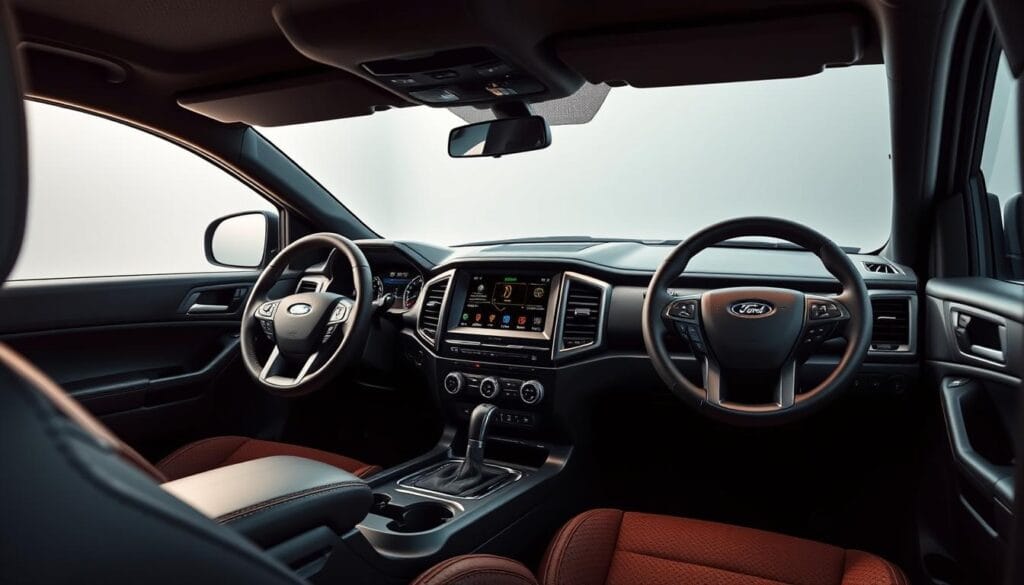 A meticulously crafted interior dashboard of the Ford Ranger Raptor, showcasing its premium features and advanced technology. The dashboard is captured with a sharp, high-resolution lens, bathed in warm, diffused lighting that highlights the sleek, modern design. Intricate details, such as the soft-touch materials, chrome accents, and intuitive controls, are rendered with exceptional clarity, inviting the viewer to imagine the luxurious driving experience. The overall composition emphasizes the Raptor's exceptional blend of rugged capability and refined sophistication, perfectly complementing the article's focus on the vehicle's premium interior.