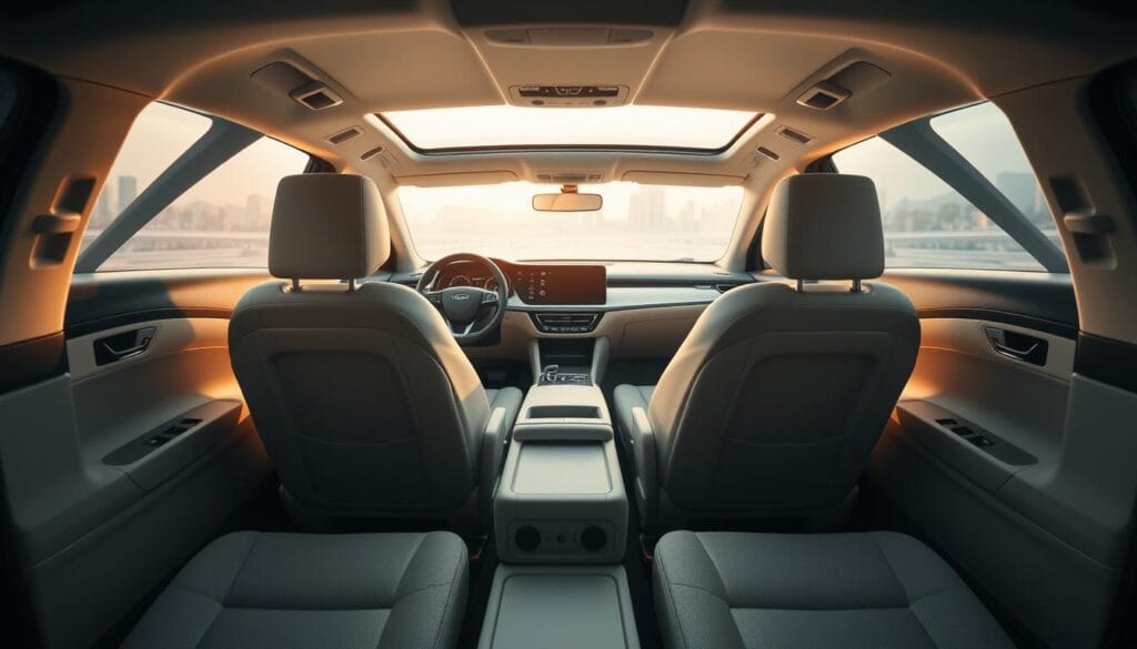 A meticulously designed interior of the BYD Seagull electric vehicle, showcasing its spacious and comfortable seating arrangement. The plush, well-cushioned seats in a neutral tone blend seamlessly with the sleek, minimalist dashboard and center console. Soft, ambient lighting creates a warm and inviting atmosphere, while the generous legroom and headspace convey a sense of luxurious, yet practical, cabin experience. The layout prioritizes efficient space management, allowing for ample storage and versatility to accommodate the needs of urban commuters. Captured with a wide-angle lens to highlight the airy, open feel of the cabin, this image embodies the Seagull's commitment to harmonizing style, comfort, and functionality.