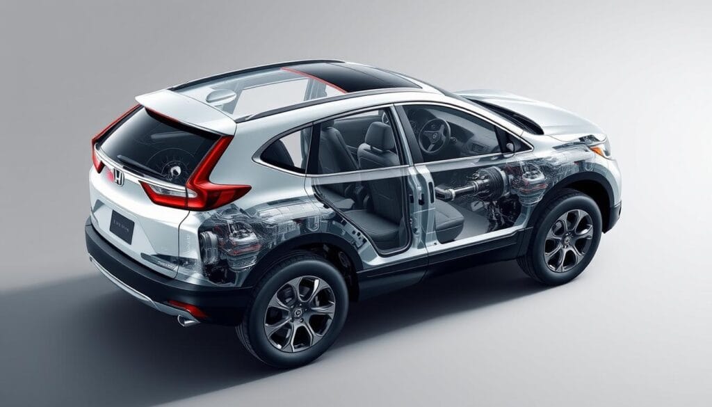 A meticulously detailed Honda CR-V Hybrid AWD system cutaway, showcasing its intricate inner workings in a clean, technical illustration. The view is from a slight angle, highlighting the system's compact design and seamless integration into the vehicle's underbody. Crisp, high-contrast lighting accentuates the mechanical components, with a focus on the differentials, driveshafts, and torque vectoring mechanisms. The background is a muted, neutral tone, allowing the engineering details to take center stage. The overall mood is one of precision, efficiency, and engineering excellence, reflecting the advanced nature of the AWD system and its impact on the vehicle's fuel economy.