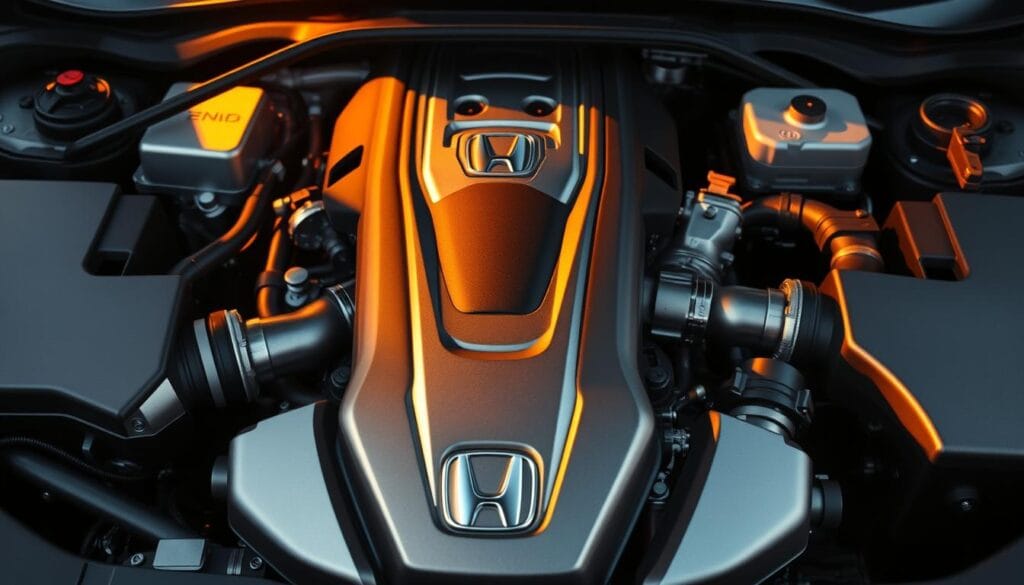 A meticulously detailed, close-up view of the Honda Accord Sport's powertrain, showcasing its impressive performance capabilities. The engine bay is illuminated by warm, golden lighting, casting dramatic shadows that highlight the intricate engineering. The focus is on the powerful V6 engine, its sleek aluminum components gleaming under the light. The surrounding area is rendered in high resolution, revealing the precision-crafted intake manifold, fuel lines, and other technical details. The camera angle is slightly elevated, providing an authoritative, almost surgical perspective on the Accord Sport's robust and well-engineered powertrain.