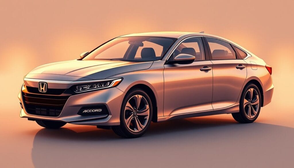 A meticulously detailed illustration of a Honda Accord Sport automobile, showcasing its cost of ownership. The car is depicted in a warm, golden-hour lighting, accentuating its sleek, well-maintained exterior. The scene is set against a muted, atmospheric background, allowing the vehicle to take center stage. The perspective is slightly elevated, giving the viewer a comprehensive look at the Accord's dimensions and design elements. Precise details, such as the alloy wheels, chrome trim, and subtle badge accents, are rendered with photorealistic precision. The overall mood conveys a sense of considered ownership, where the Honda's practicality and long-term value are emphasized.