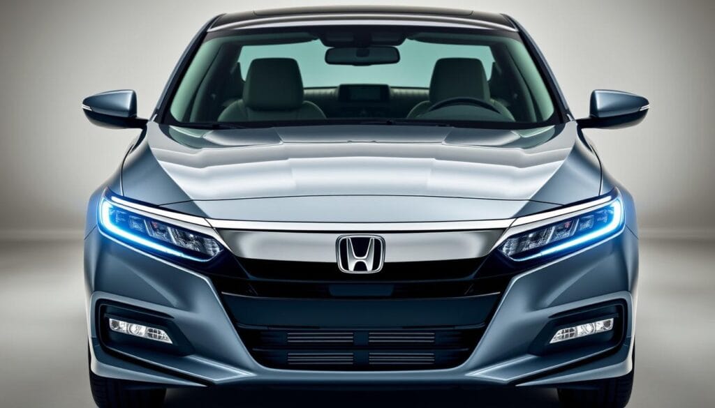 A meticulously detailed image of a Honda Accord Sport, showcasing its impressive safety features. The car is captured in a well-lit, studio-like setting, with a clean, minimalist background. The front-facing angle highlights the vehicle's sleek, aerodynamic design and advanced safety technologies, such as LED headlights, adaptive cruise control, and collision-avoidance systems. The interior is visible, revealing premium materials, heated seats, and a state-of-the-art infotainment display. The overall composition conveys a sense of sophistication, innovation, and the Accord Sport's commitment to driver and passenger safety.