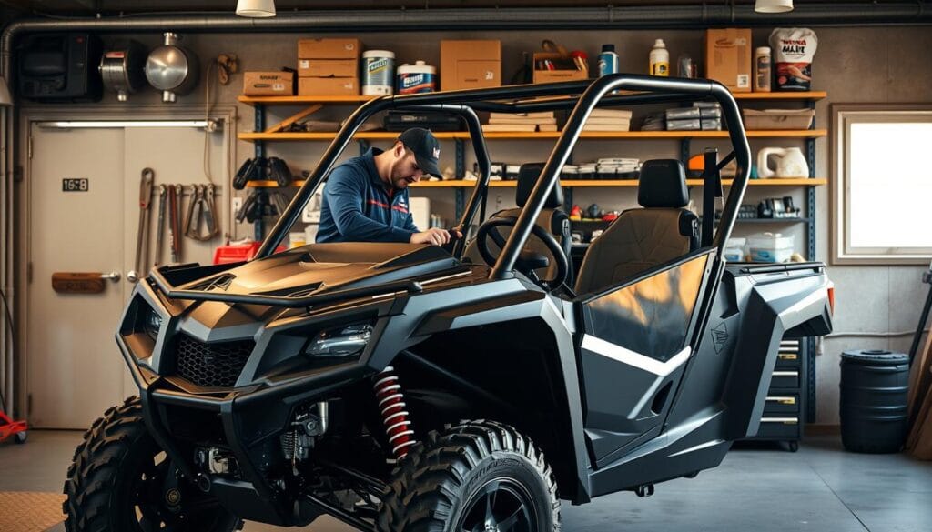 A meticulously detailed image of a Honda Talon utility vehicle undergoing seasonal maintenance in a well-equipped garage. The Talon is positioned in the foreground, its sleek body and aggressive styling highlighted by warm, diffused lighting. In the middle ground, a mechanic in overalls is carefully inspecting the engine, various tools and cleaning supplies neatly arranged on a workbench. The background features shelves stocked with replacement parts, lubricants, and other Talon-specific accessories, conveying a sense of preparedness and attention to detail. The scene exudes a harmonious balance of functionality and care, capturing the essence of keeping the Talon in top condition for the changing seasons.