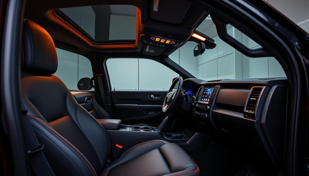 A meticulously detailed interior of a 2024 Ford Ranger Raptor, showcasing its premium cabin design and cutting-edge technology. The driver's seat takes center stage, with a high-performance steering wheel and an array of advanced controls. The sleek, ergonomic dashboard features a large, vivid touchscreen display. Luxurious leather upholstery and contrasting trim elements create an atmosphere of rugged sophistication. Ambient lighting casts a warm glow, while precise engineering is evident in the tight panel gaps and premium materials. The expansive windshield provides excellent visibility, complemented by the latest driver-assist features. This image captures the Ranger Raptor's perfect blend of off-road capability and modern, tech-savvy luxury.