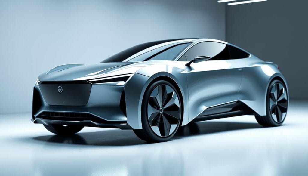 A meticulously detailed rendering of the Zeekr 001 electric vehicle, showcasing its technical specifications from various angles. The sleek, futuristic exterior is bathed in cool, ambient lighting, highlighting the sharp lines and aerodynamic curves that define its design. The camera focuses on the front profile, revealing the distinctive grille, headlights, and aerodynamic features that contribute to the car's performance. In the middle ground, the side profile is visible, showcasing the vehicle's dimensions and proportions, while the background features a minimalist, technologically-inspired environment to complement the high-tech nature of the subject matter. The overall tone is one of precision, sophistication, and technological prowess.
