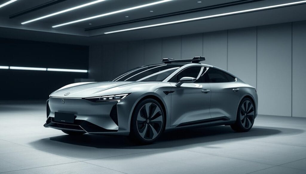 A meticulously engineered Zeekr 001 sedan, showcasing its advanced safety systems in a sleek, futuristic setting. The car is prominently displayed, its sculpted body and advanced sensors capturing the viewer's attention. In the background, a dimly lit, minimalist environment with clean lines and muted tones emphasizes the vehicle's high-tech, safety-focused design. Soft, directional lighting accentuates the car's contours and highlights the various safety features, such as cameras, radar, and lidar sensors, seamlessly integrated into the bodywork. The overall mood is one of sophistication, technology, and a commitment to driver and passenger security.