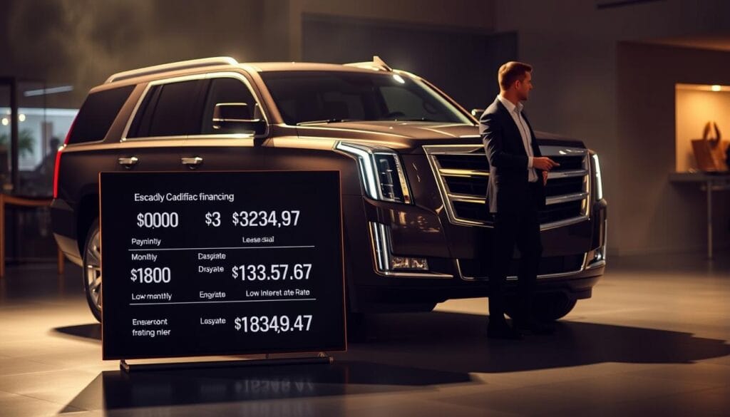 A modern and sleek Cadillac Escalade SUV parked in a dimly lit showroom, its chrome trim and bold grille gleaming under the warm, focused lighting. In the foreground, a digital display showcases various Escalade financing options, including monthly payment plans, lease deals, and low-interest rate offers. The mid-ground features a well-dressed sales representative discussing the options with a potential customer, their expressions conveying a sense of informed consideration. The background blurs into a soft, atmospheric ambiance, creating a sense of luxury and exclusivity around the Escalade's prestigious brand.