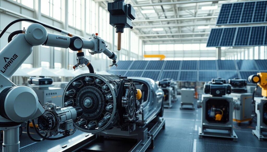 A modern, eco-friendly manufacturing facility for the Karma GS-6 plug-in hybrid. In the foreground, gleaming robotic arms precisely assemble the vehicle's advanced powertrain, while the mid-ground showcases the use of sustainable materials like lightweight composites and recycled plastics. In the background, vast solar panels cover the facility's rooftops, powering the entire manufacturing process with renewable energy. Bright, natural lighting filters through expansive windows, creating a clean, efficient atmosphere. The overall scene conveys a sense of technological sophistication and environmental responsibility, reflecting the Karma GS-6's commitment to sustainable luxury.