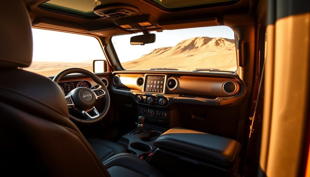 A modern, well-appointed interior of a Jeep Gladiator Mojave, bathed in warm, natural lighting. The driver's seat features premium leather upholstery, complemented by contrast stitching. The intuitive center console houses a large, high-resolution touchscreen display, seamlessly integrated with the vehicle's advanced infotainment system. The rugged, yet refined dashboard sports sleek metallic accents, complementing the sturdy, off-road-ready aesthetic. Ambient lighting subtly illuminates the cabin, creating a cozy, inviting atmosphere. Durable, textured surfaces throughout the interior convey a sense of durability and practicality, perfectly suited for the Mojave's intended use in the desert. A modern, well-appointed interior of a Jeep Gladiator Mojave, bathed in warm, natural lighting. The driver's seat features premium leather upholstery, complemented by contrast stitching. The intuitive center console houses a large, high-resolution touchscreen display, seamlessly integrated with the vehicle's advanced infotainment system. The rugged, yet refined dashboard sports sleek metallic accents, complementing the sturdy, off-road-ready aesthetic. Ambient lighting subtly illuminates the cabin, creating a cozy, inviting atmosphere. Durable, textured surfaces throughout the interior convey a sense of durability and practicality, perfectly suited for the Mojave's intended use in the desert.