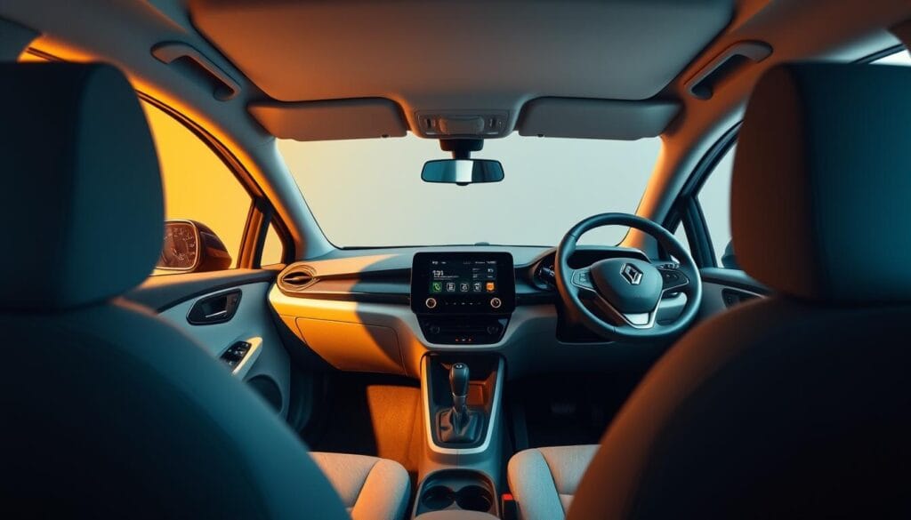 A modern, well-lit interior of a Renault Zoe compact electric car. The front cabin space is captured in a wide-angle view, showcasing the ample legroom, headroom, and storage compartments. The dashboard features a large, high-resolution touchscreen display, sleek climate controls, and a digital instrument cluster. The seats are upholstered in a light, contemporary fabric that complements the airy, minimalist aesthetic. Warm, diffused lighting illuminates the cabin, creating a calm and inviting atmosphere. The scene conveys a sense of spaciousness, functionality, and attention to detail that define the Renault Zoe's interior design.