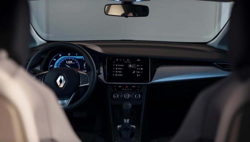 A modern, well-lit interior of a Renault Zoe electric vehicle, showcasing its advanced dashboard technology. The foreground features the large, high-resolution digital instrument cluster displaying vital vehicle information. The middle ground highlights the sleek, minimalist center console with a prominent touchscreen infotainment system, climate controls, and intuitive touch-sensitive buttons. In the background, the cabin is bathed in a soft, ambient light, accentuating the Zoe's premium materials and contemporary design. The image conveys a sense of technological sophistication and a comfortable, driver-focused driving experience.
